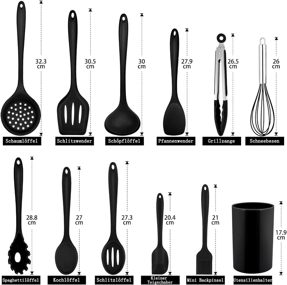 Homikit Silikon Küchenhelfer Set, 12 Stück Schwarz Kochutensilien