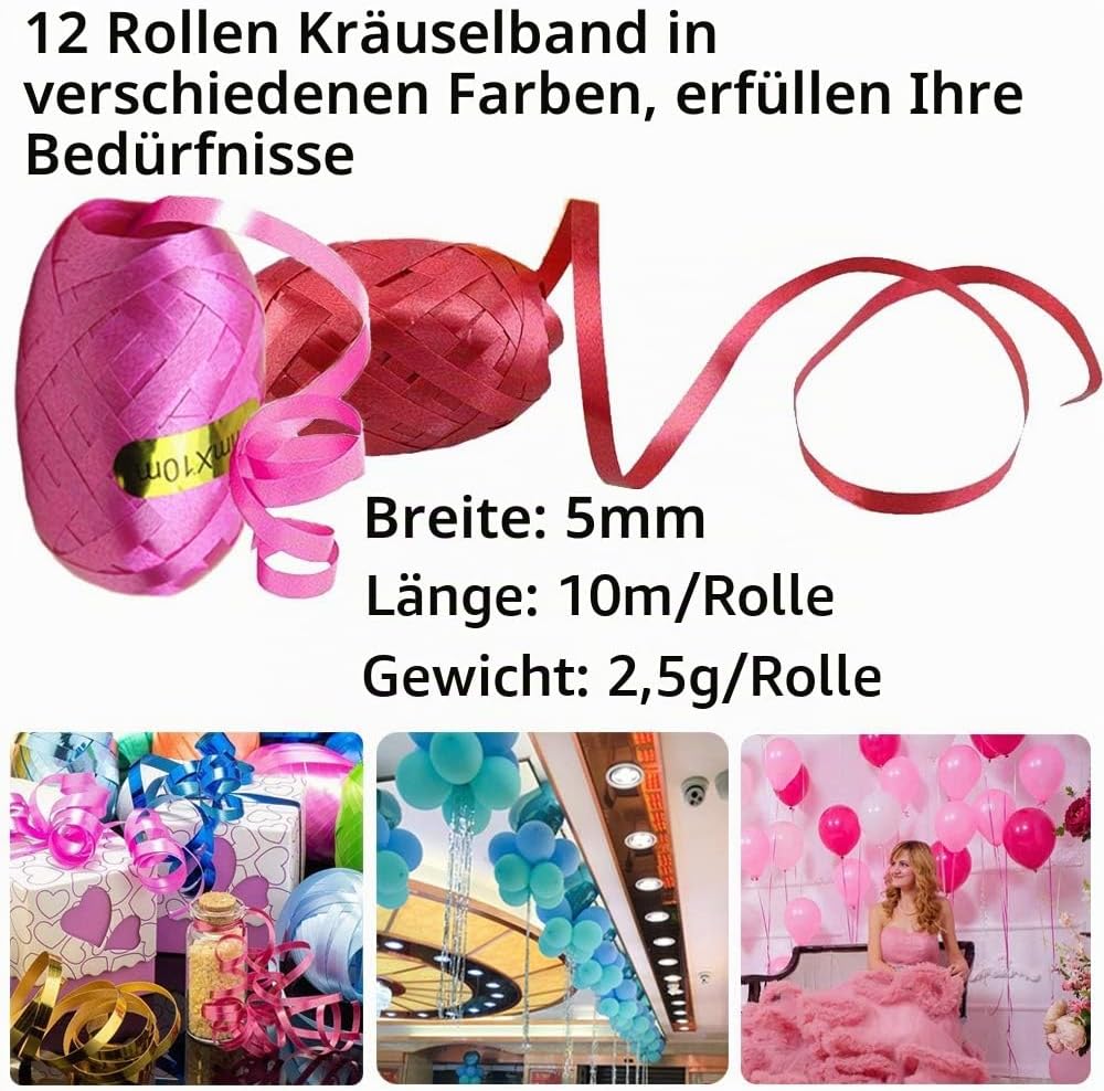 12 Rollen Geschenkband,10 m je Rolle Ringelband Bunt, Curling Ribbon Rolle für Hochzeit Partei Festival Dekoration Handwerk Geschenkverpackung Florist Luftballon