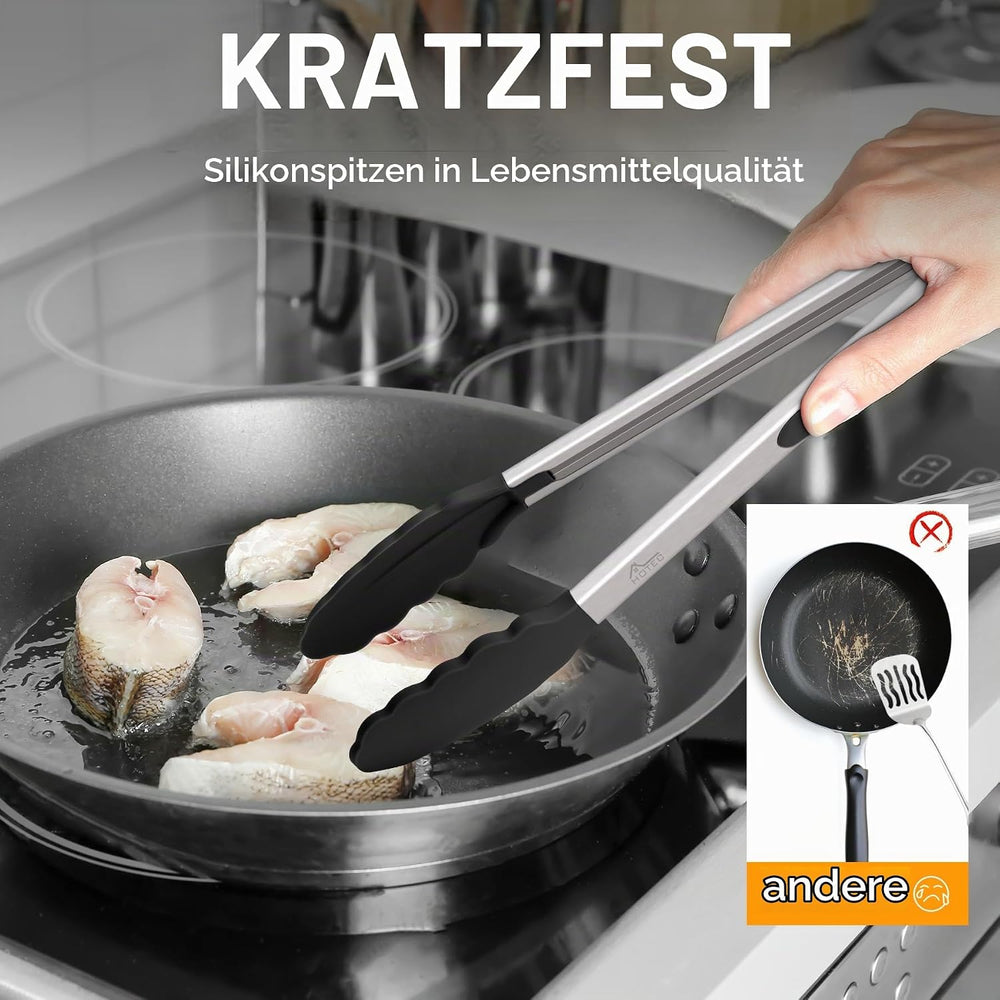 HOTEC Premium-Küchenzange aus Edelstahl, mit Verriegelung, Kochzange mit Silikonspitze, 2er-Set, 22,9 cm und 30,5 cm lange Zangen