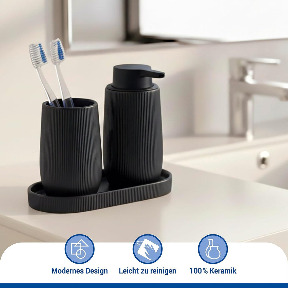WENKO Ablage Mod. Fablo aus Keramik mit Rillenoptik, freistehend, Badezimmer-Organizer, Badablage, Schmuckschale, dekoratives Tablett für Badezimmer, Schlafzimmer, Wohnzimmer, Büro, schwarz matt
