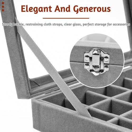 AMJKEJI Jewelry Organizer Schmuckkasten Grau 24 Fächer, Samt Aufbewahrung Schmuckkasten mit Glas Deckel, Verstellbar Schmuckschatulle für Halskette, Ring, Armband, Ohrringe