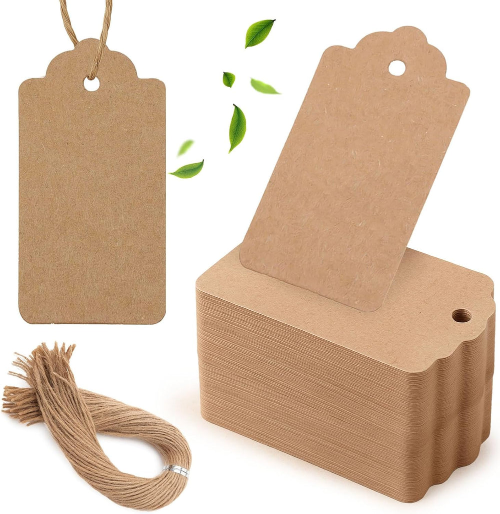 HAKACC 100 Stück Kraftpapier Anhänger (4x7 cm) mit Juteschnur, Braune