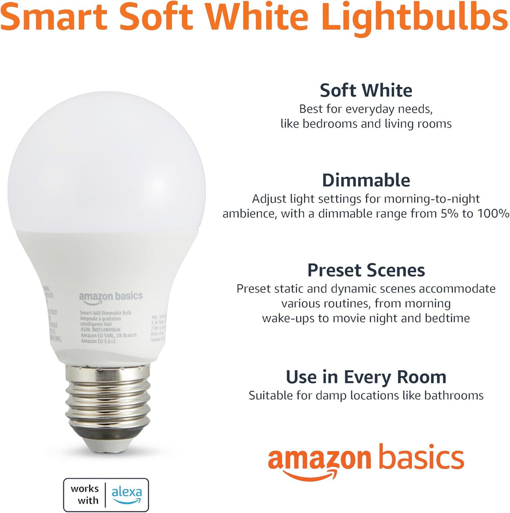 Amazon Basics smarte LED-Glühbirne, dimmbar, E27, sanftes Weiß, 8W (60W Equivalent), funktioniert nur mit Alexa, 1 Stück