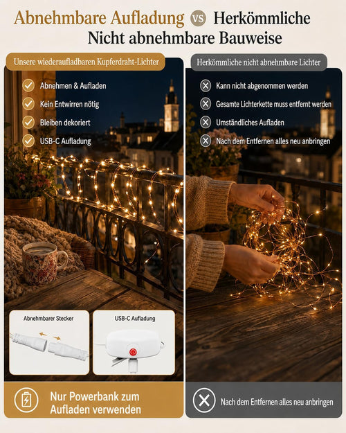 Mini Lichterkette Aufladbar 2M 20LED Warmweiß 3er Set