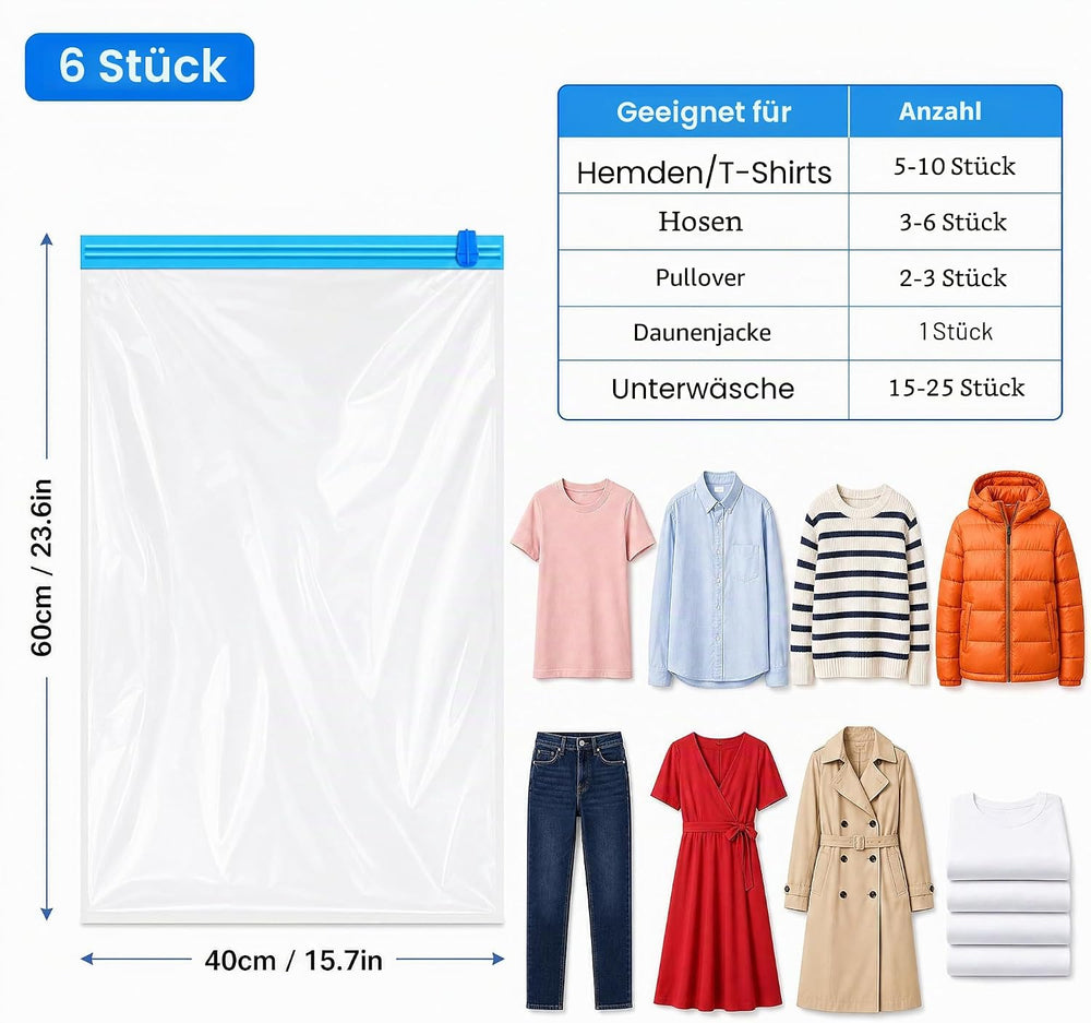 6 Stück Vakuum Beutel 40 × 60 cm, Kleidersack Vakuum ohne Pumpe für Reisen