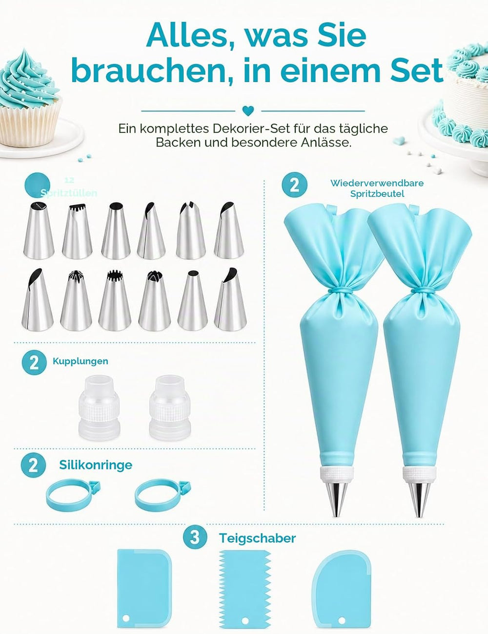 WOFEIS 21-teiliges Spritzbeutel-Set | Premium Torten Dekorationsset für Kuchen, Cupcakes & Kekse | Inkl. 12 Edelstahl-Spritztüllen & reißfesten PE-Einweg-Spritzbeuteln | Profi Backzubehör