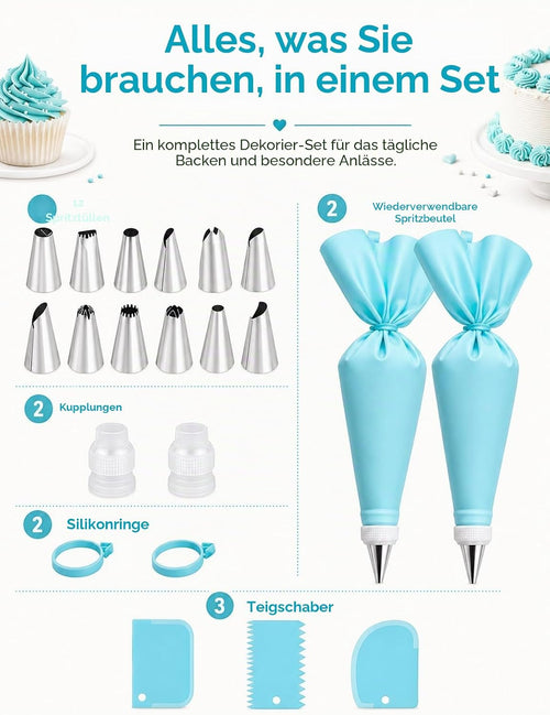 WOFEIS 21-teiliges Spritzbeutel-Set | Premium Torten Dekorationsset für Kuchen, Cupcakes & Kekse | Inkl. 12 Edelstahl-Spritztüllen & reißfesten PE-Einweg-Spritzbeuteln | Profi Backzubehör