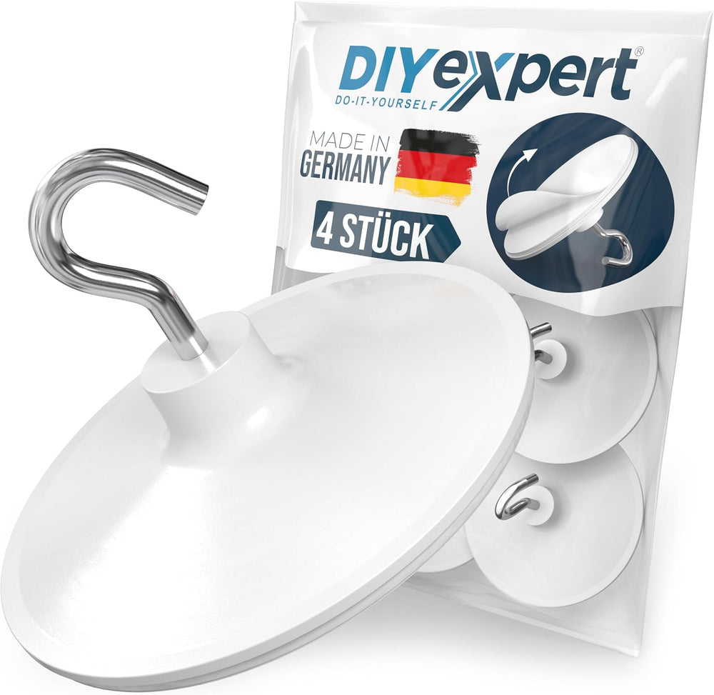 DIYexpert Deckenhaken selbstklebend | Made in Germany | [Mit Haken] [4 Stück] | Klebehaken für die Decke extra stark | Wandhaken ohne Bohren