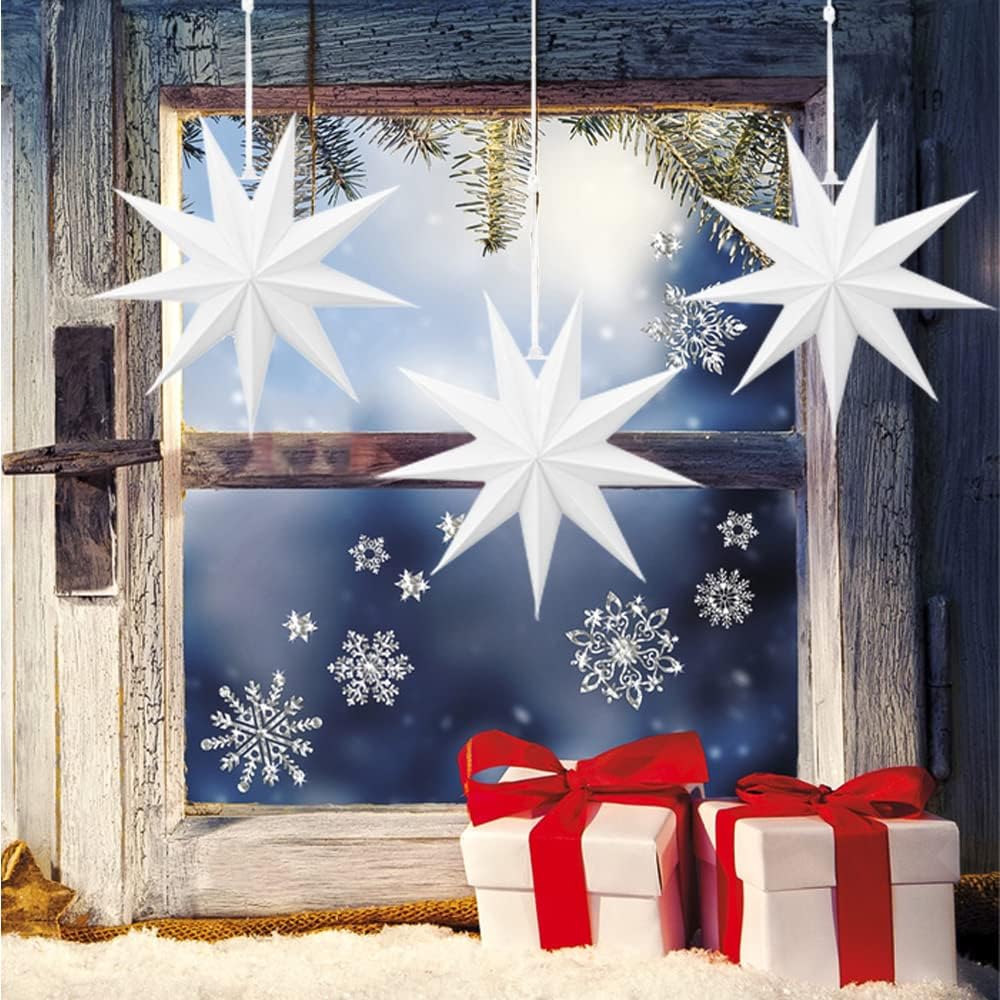 Wishstar Papiersterne Weihnachten, Faltsterne Weiß, Papierstern zum Aufhängen, Papier Weihnachtsstern, Dekostern Weihnachts für Fenstern Haus Partys Hochzeiten(3 Stück)