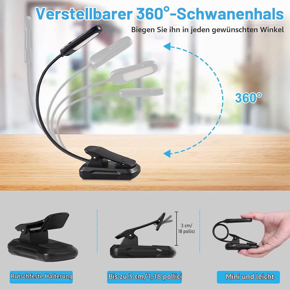 Diboniur Leselampe Buch Klemme, Klemmlampe mit 9 LEDs, 3 Farbtemperaturen und 3 Helligkeiten einstellbar, USB Wiederaufladbare Leselampe buch, 360° Flexibel für Büchern im Bett [Energieklasse A+++]