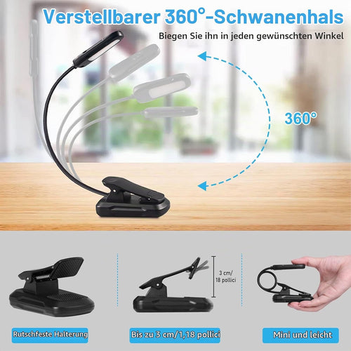 Diboniur Leselampe Buch Klemme, Klemmlampe mit 9 LEDs, 3 Farbtemperaturen und 3 Helligkeiten einstellbar, USB Wiederaufladbare Leselampe buch, 360° Flexibel für Büchern im Bett [Energieklasse A+++]