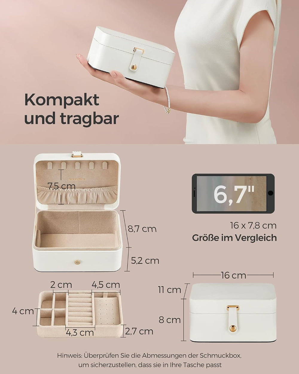 SONGMICS Schmuckkästchen Reise, 2 Ebenen, tragbar, 16 x 11 x 7,8 cm