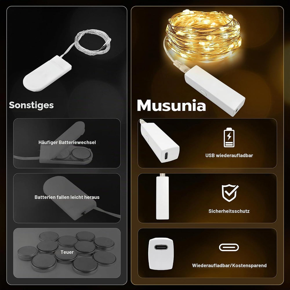 Mini Lichterkette 5M 50LED Warmweiß, Wiederaufladbar USB, Timer, 8 Modi, Wasserdicht, für Innen Außen, Garten, Hochzeit, Party, Weihnachten, 2 Stück