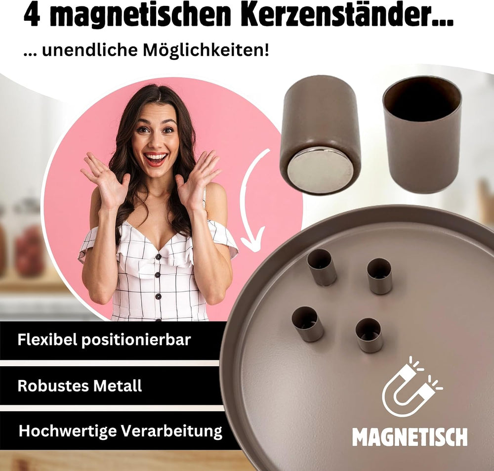Tablett mit 4 magnetischen Kerzenhaltern – Mattes Design – beige, Ø 25 cm