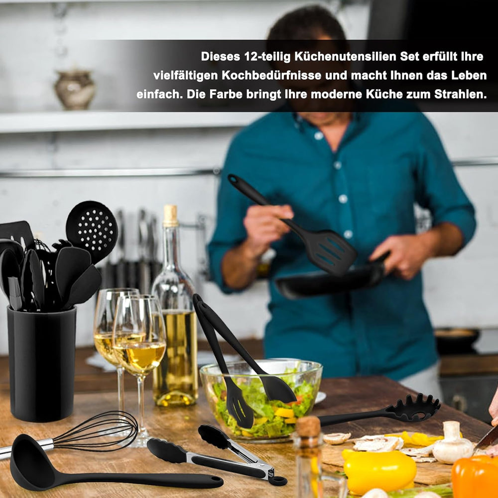 Homikit Silikon Küchenhelfer Set, 12 Stück Schwarz Kochutensilien