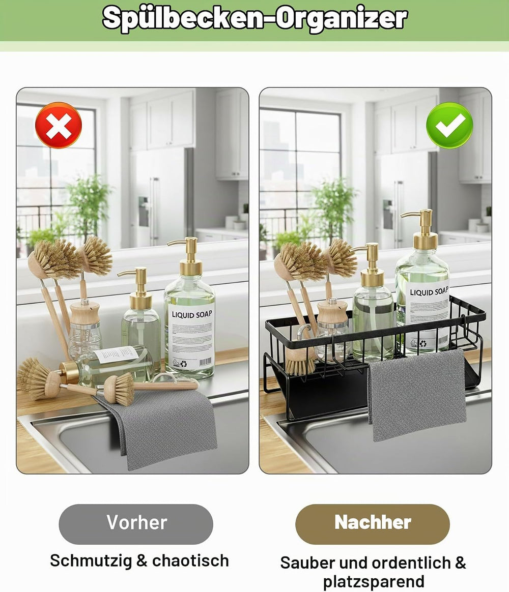 Spülbecken Organizer hängend aus Edelstahl mit selbstentleerender Ablaufwanne, Küchen Organizer Spüle für Schwämme, Bürsten, Seife und Geschirrtücher, platzsparender Organizer Küche für Küche und Bad