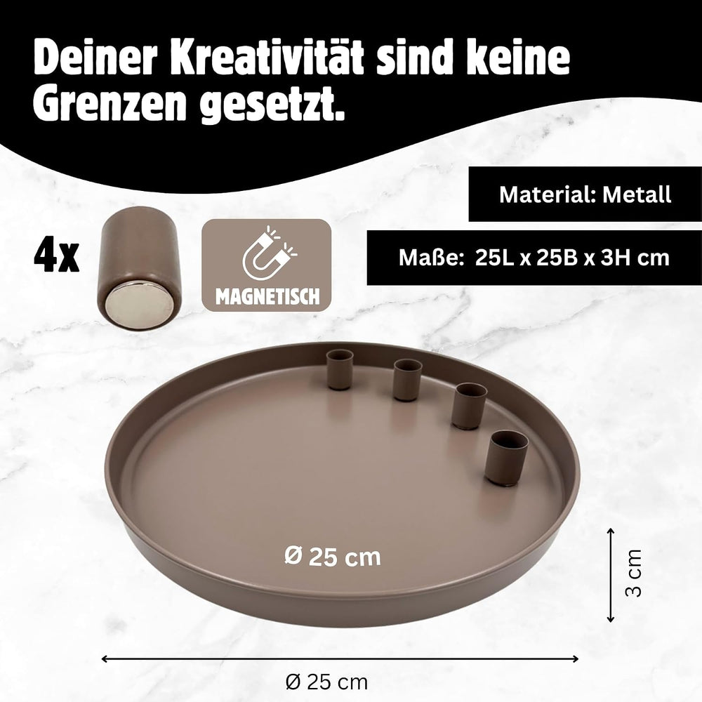 Tablett mit 4 magnetischen Kerzenhaltern – Mattes Design – beige, Ø 25 cm