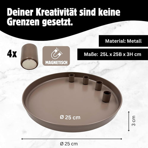 Tablett mit 4 magnetischen Kerzenhaltern – Mattes Design – beige, Ø 25 cm