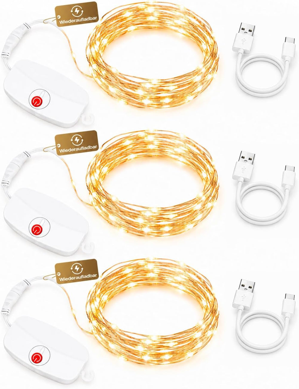 Mini Lichterkette Aufladbar 2M 20LED Warmweiß 3er Set