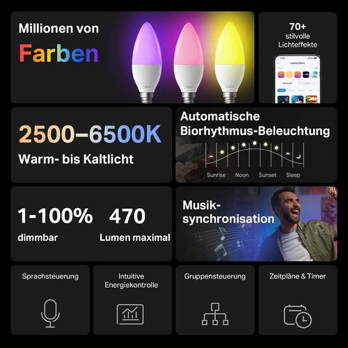 Tapo L430C Smarte WLAN Glühbirne E14, 470 Lumen, 16 Mio. Farben, dimmbar, Zeitplan & Timer, Energieüberwachung, Kompatibel mit Alexa, Google Assistant und Samsung SmartThings