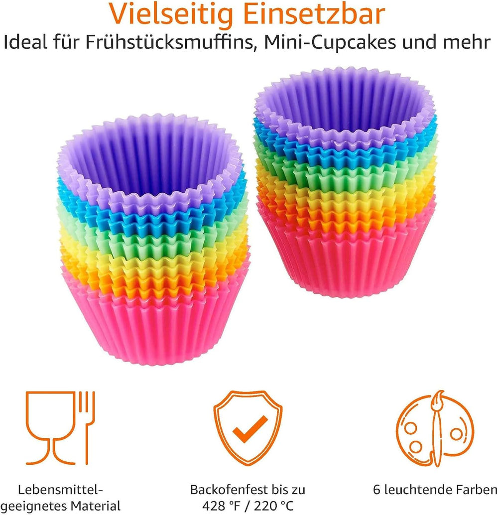 Amazon Basics Muffinform Silikon, 24er-Pack Wiederverwendbare Backförmchen, Mehrfarbig, Ofenfest bis 220°C