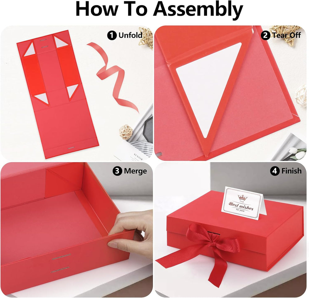 Hianjoo Geschenkbox mit Deckel 23x17x7cm, Magnetische Geschenkboxen mit Schleife, Geschenkkarton Faltbare für Weihnachten Hochzeit Geburtstag Jubiläum Valentinstag Geschenkverpackung - Rot