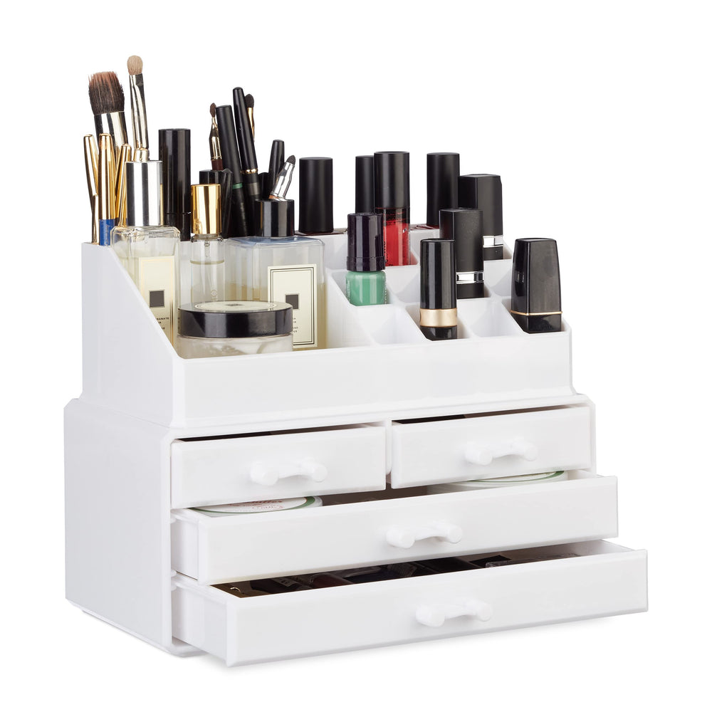 Relaxdays Make Up Organizer Acryl, 2-teilige Schminkaufbewahrung mit Lippenstifthalter und 4 Schubladen, transparent, 19 x 24 x 13.5 cm