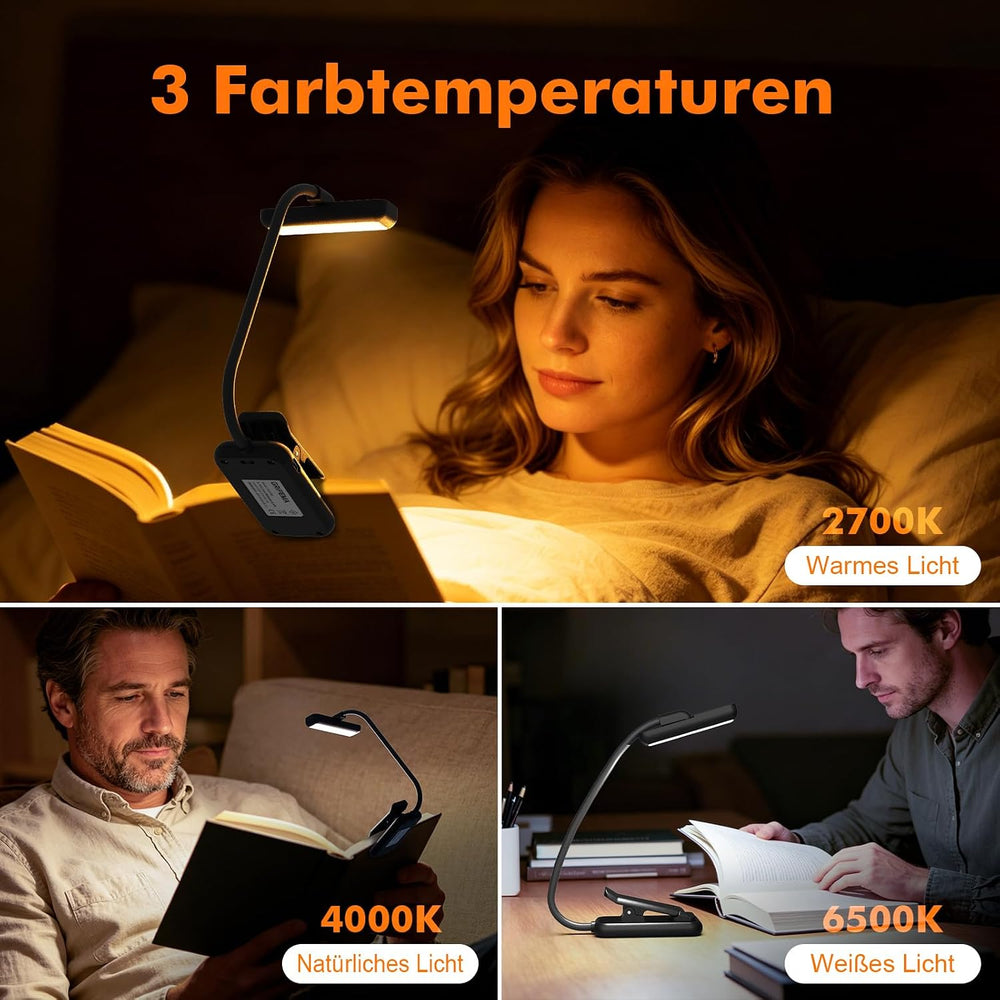 GRIFEMA Leselampe mit Klemme, 10 LEDs, USB C, 180° drehbarer Kopf