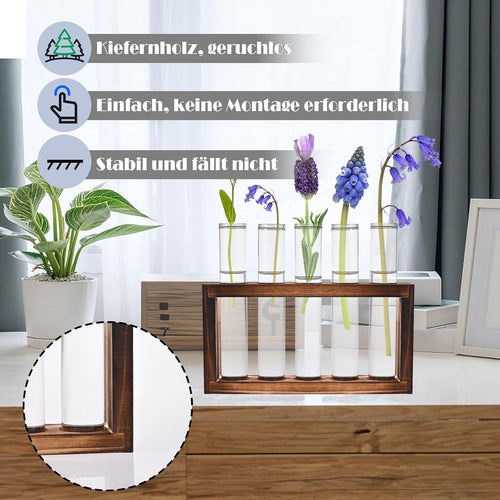 Cieex Kleine Vintage Blumenvase Mit Ständer Holz Modern Glas Reagenzgläser