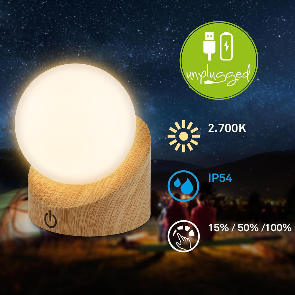 BRILONER - Mini LED Tischlampe kabellos IP54 mit Touch, dimmbar in Stufen, Akku & Lichtquelle tauschbar, Nachttischlampe, Kugel, LED Lampe, Akku Tischleuchte, Outdoor Lampe, 10x8x9 cm, Holzoptik