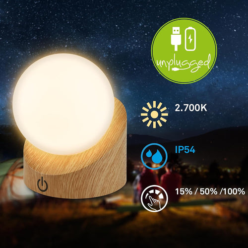 BRILONER - Mini LED Tischlampe kabellos IP54 mit Touch, dimmbar in Stufen, Akku & Lichtquelle tauschbar, Nachttischlampe, Kugel, LED Lampe, Akku Tischleuchte, Outdoor Lampe, 10x8x9 cm, Holzoptik