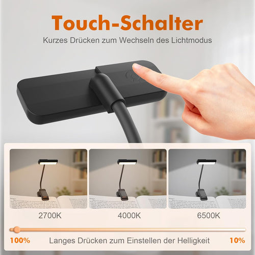 GRIFEMA Leselampe mit Klemme, 10 LEDs, USB C, 180° drehbarer Kopf