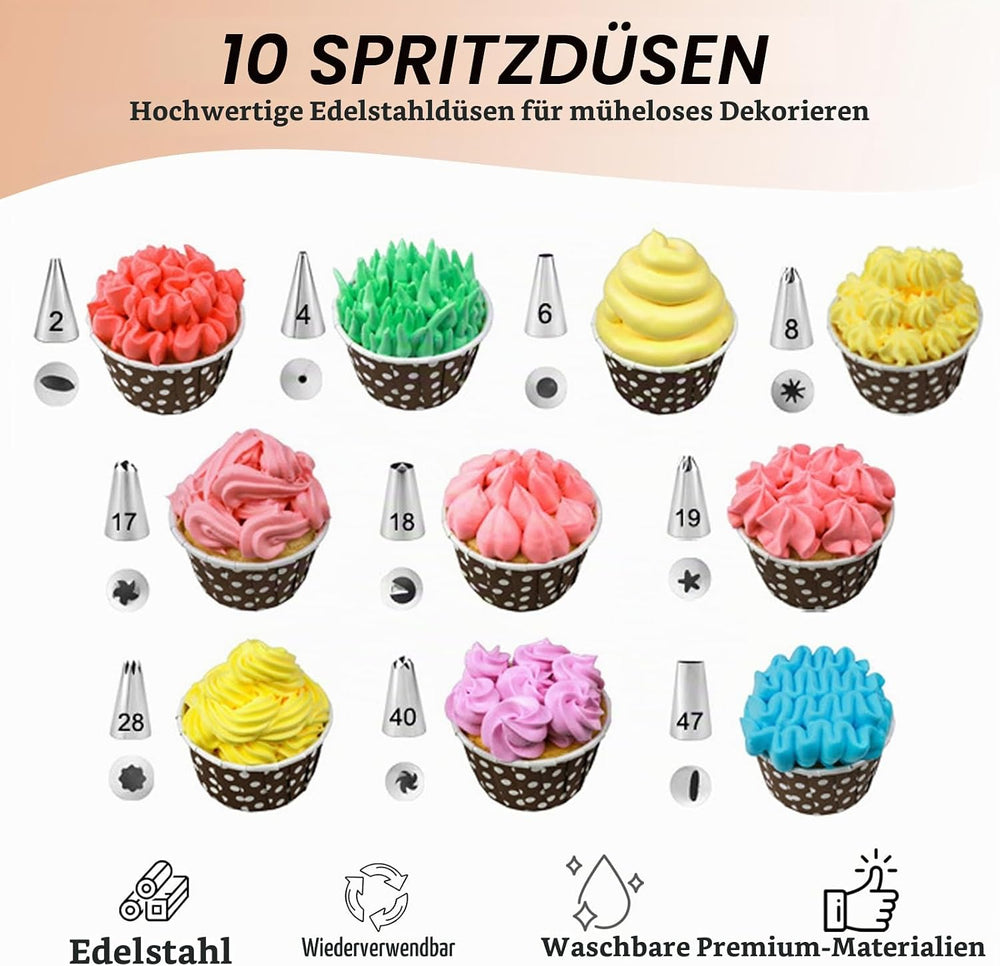 Spritzbeutel mit Tüllen 12 Stück, Spritzbeutel Wiederverwendbar aus Silikon mit Spritztüllen Edelstahl, Torten Zubehör für Cupcake, Torten Dekorieren, Kuchen