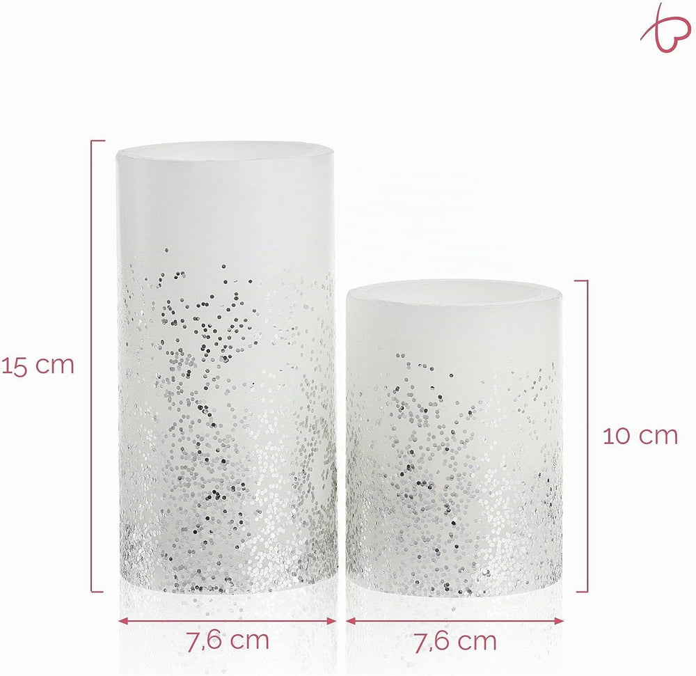 Pauleen 48008 Glowing Glitter Candle Wachskerze 2er Set Echtwachs LED Kerzen, warmweiß, flackernde Flamme Weiß Silber