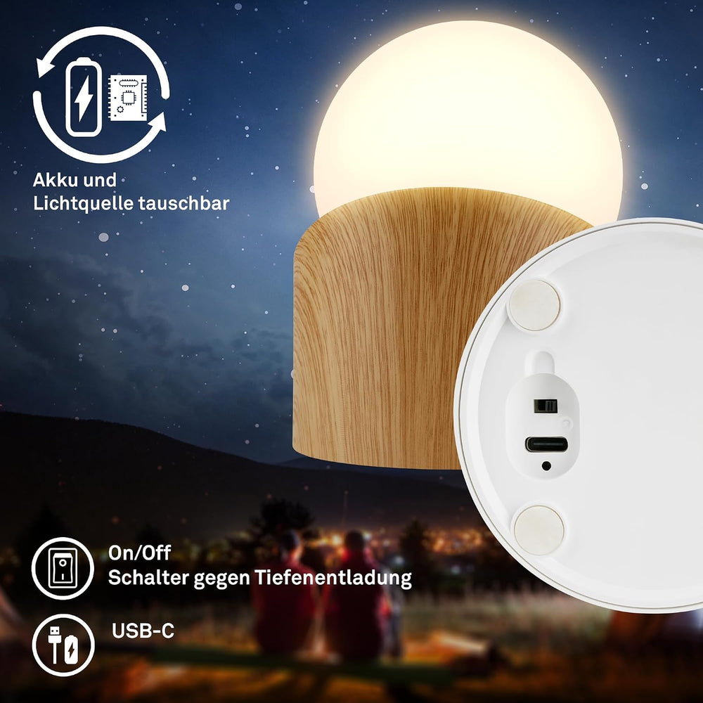 BRILONER - Mini LED Tischlampe kabellos IP54 mit Touch, dimmbar in Stufen, Akku & Lichtquelle tauschbar, Nachttischlampe, Kugel, LED Lampe, Akku Tischleuchte, Outdoor Lampe, 10x8x9 cm, Holzoptik