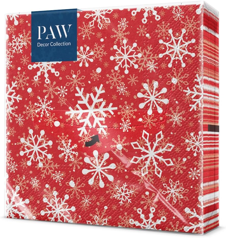 PAW Servietten 33 x 33 cm, 20 Stück - Weihnachtsschneeflocken Hellrot