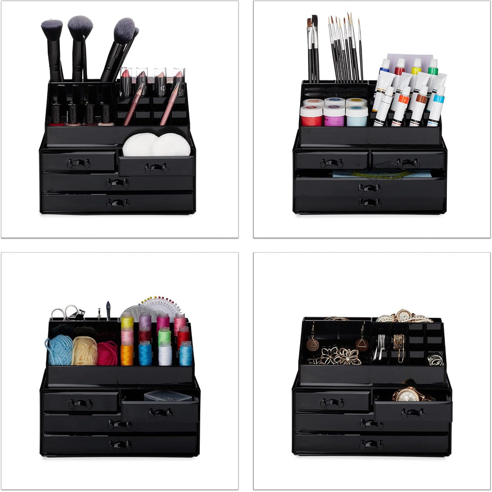 Relaxdays Make Up Organizer Acryl, 2-teilige Schminkaufbewahrung mit Lippenstifthalter und 4 Schubladen, transparent, 19 x 24 x 13.5 cm