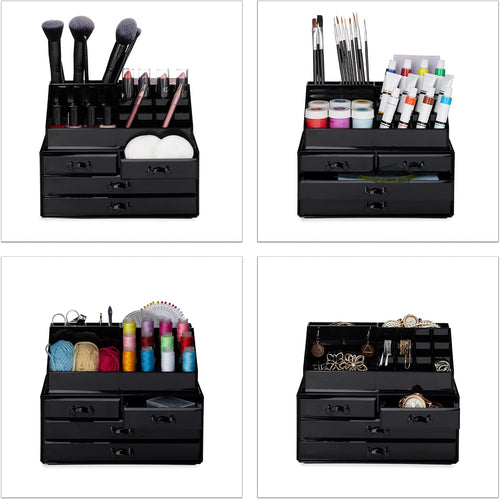 Relaxdays Make Up Organizer Acryl, 2-teilige Schminkaufbewahrung mit Lippenstifthalter und 4 Schubladen, transparent, 19 x 24 x 13.5 cm