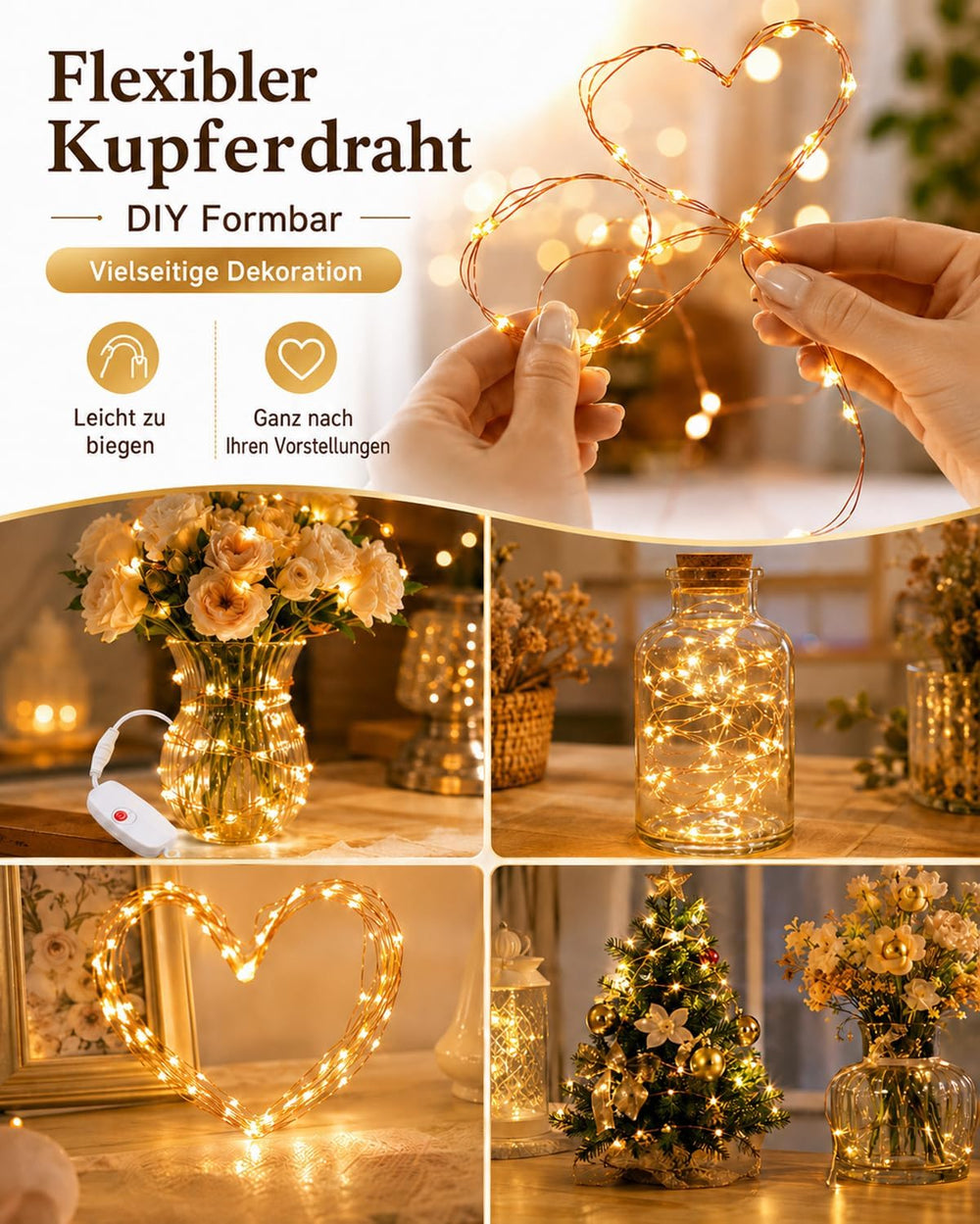 Mini Lichterkette Aufladbar 2M 20LED Warmweiß 3er Set
