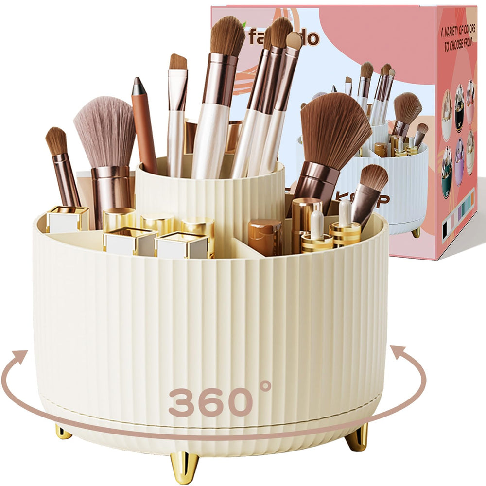 fanado 360 ° drehbarer Make-up-Organizer, Make-up-Pinselhalter, 5 Fächer für Make-up und Hautpflege-Aufbewahrung für Schminktisch, Desktop, Badezimmer (weiß)