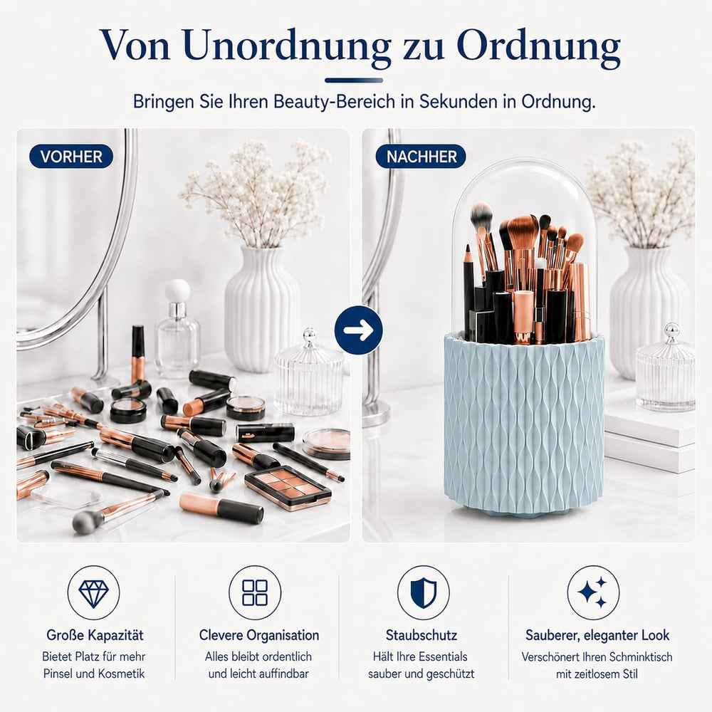 scicent Make Up Kosmetik Organizer, 360 drehbarer Make-up-Pinselhalter, Organizer, transparent, staubdicht Blau