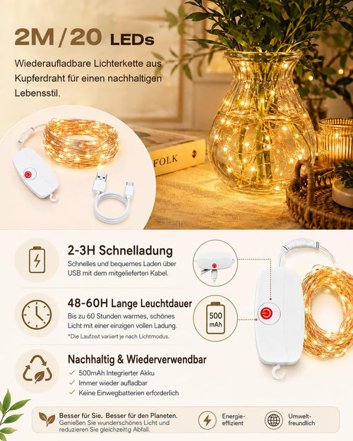 Mini Lichterkette Aufladbar 2M 20LED Warmweiß 3er Set