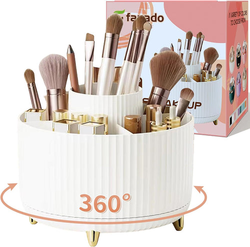 fanado 360 ° drehbarer Make-up-Organizer, Make-up-Pinselhalter, 5 Fächer für Make-up und Hautpflege-Aufbewahrung für Schminktisch, Desktop, Badezimmer (weiß)