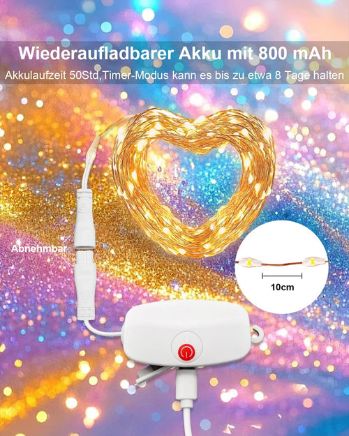 Mini Lichterkette aufladbar, 5M 50LED, Warmweiß