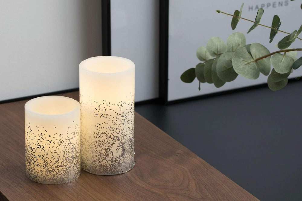 Pauleen 48008 Glowing Glitter Candle Wachskerze 2er Set Echtwachs LED Kerzen, warmweiß, flackernde Flamme Weiß Silber