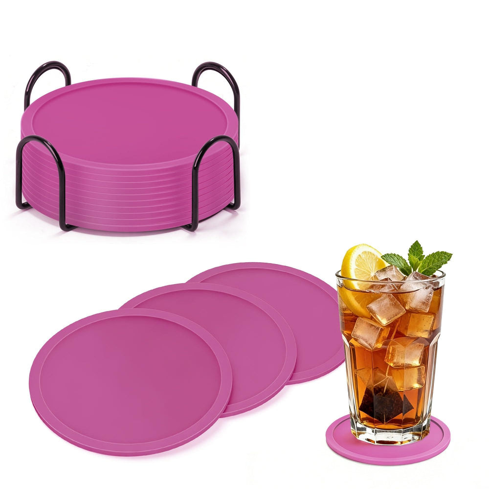 HELI MIAO Untersetzer Gläser Silikon mit Halter,rutschfest Glasuntersetzer mit Hohem Rand für Auslaufschutz,Hitzebeständig Tassenuntersetzer für Couchtisch,Esstisch&Bar,10Stück mit Halter Schwarz