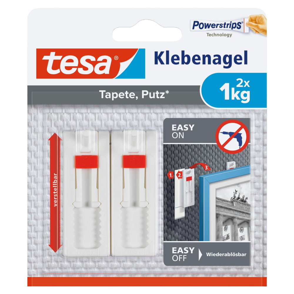 tesa Klebenagel für Tapete & Putz, verstellbar - 4 Nägel inkl. tesa Strips