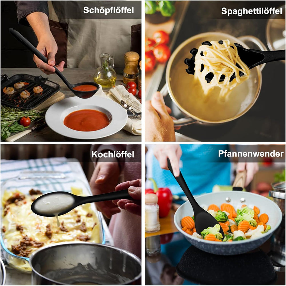 Homikit Silikon Küchenhelfer Set, 12 Stück Schwarz Kochutensilien