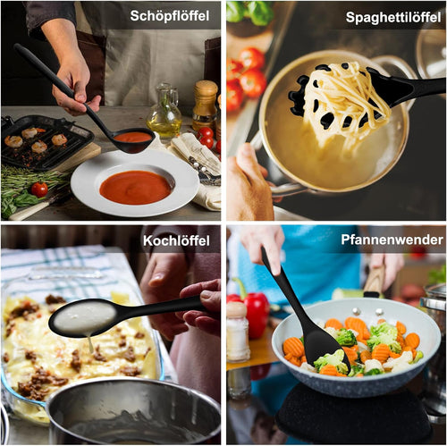 Homikit Silikon Küchenhelfer Set, 12 Stück Schwarz Kochutensilien