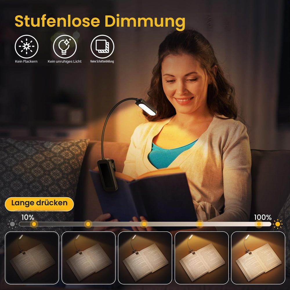 Leselampe Buch Klemme, GARITE 10 LED Buchlampe mit Stufenloser Dimmung, 3 Farbmodi (Warm/Kühl/Weiß), USB Wiederaufladbare Klemmlampe, 360° Faltbare Leselampe für Nachtlesen, Buch, Bett, Büro, Reisen